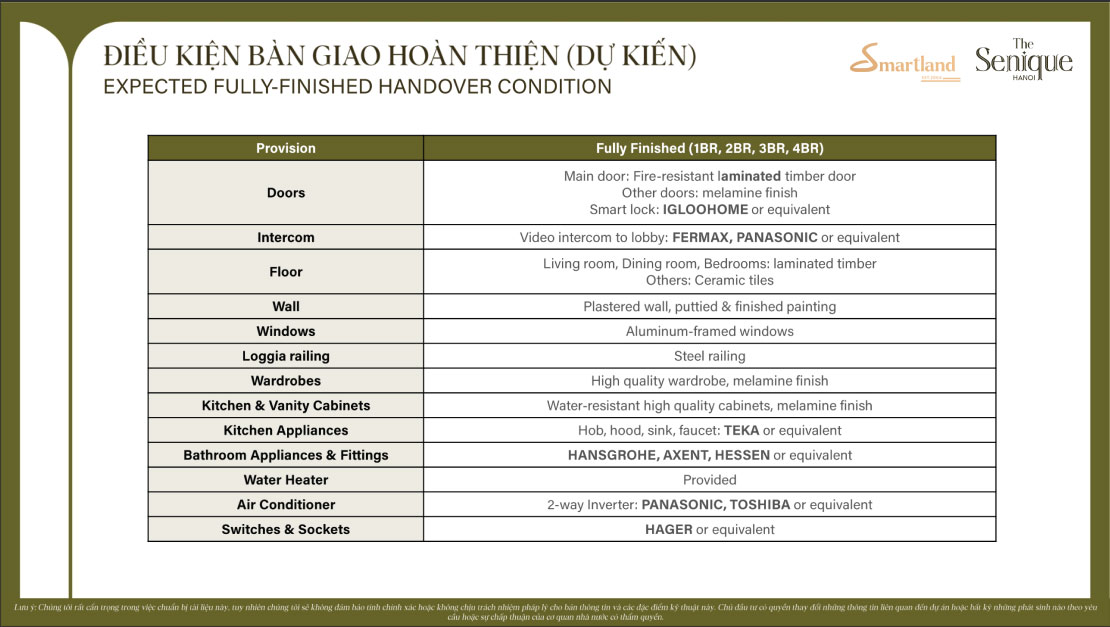 điều kiện bàn giao the senique hà nội